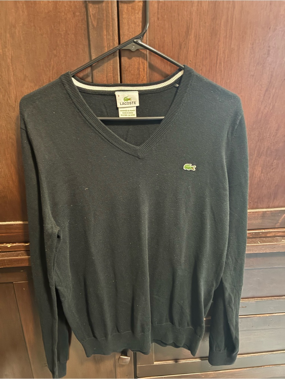 Lacoste Men's Black V-Neck Sweater with Green Crocodile Logo
